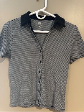 GAP Black & White Striped Polo Button-Up Top